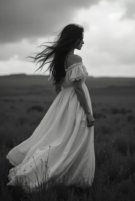 Woman in a white petticoat standing in a field, stormy skies, and hair blowing in the wind, in a petticoat, black and white art photo, black and white photo, in a nightgown, tattered dress, in a short white dress, brooding moors behind her, long hair a bla...