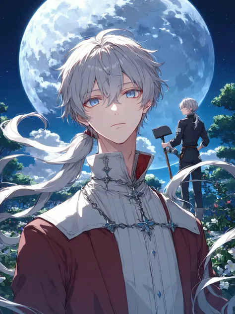 Illustration, highest quality, pixiv illustration, very detailed animation, (alone) (male), silver hair, long hair, gardener, blue eyes, moonlit garden background, dramatic lighting, sky blue eyes, low ponytail, work clothes