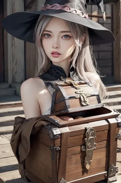 cowboy shot, from front, look at viewer, 
1 girl in witch hat,
silver hair, 
((witch and treasure chest)), (large treasure chest), 
Magical colors and atmosphere, 
shiny pink cheeks, glossy pink lips, pink eyeshadow, Dark eyeliner, Dark mascara, under-eye ...