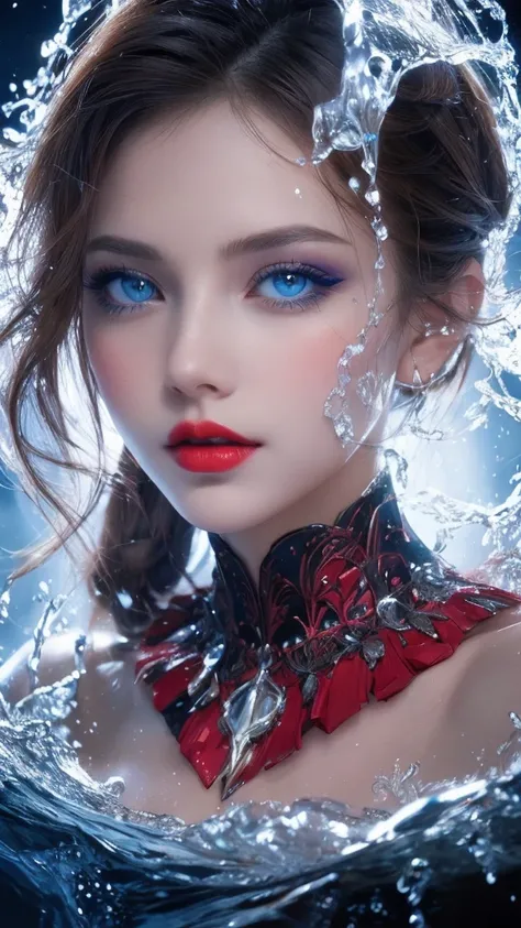  close-up of a beautiful womans face,  bewitching look ,  SHARP FACE ,  blue eyes, red lips,  majestic artistic look , water pouring on her face ,  super detailed ,  perfect composition