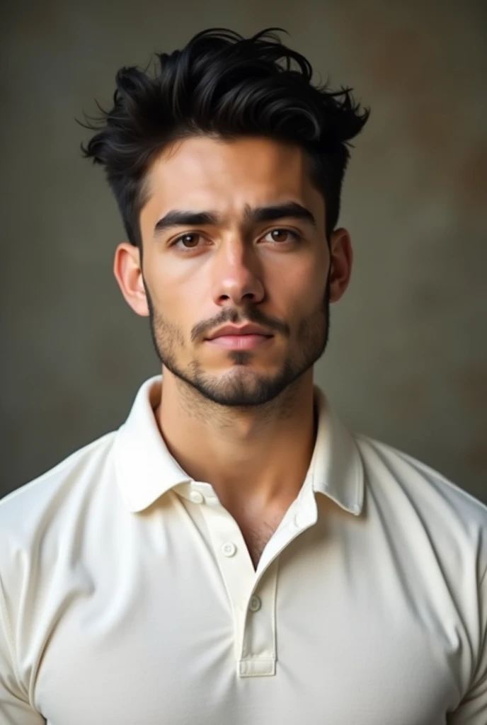 A portrait of a young man. Front head, in a vintage background, white polo shirt, broad manly shoulders. Has a wavy black thick hair, white pale skin, defined jawline, and is attractive. A realistic and highly detailed. 