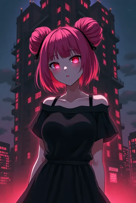 Anine female, Tokyo ghoul, pink bun hair, building backwards, night time, red and black eyes. Black dress