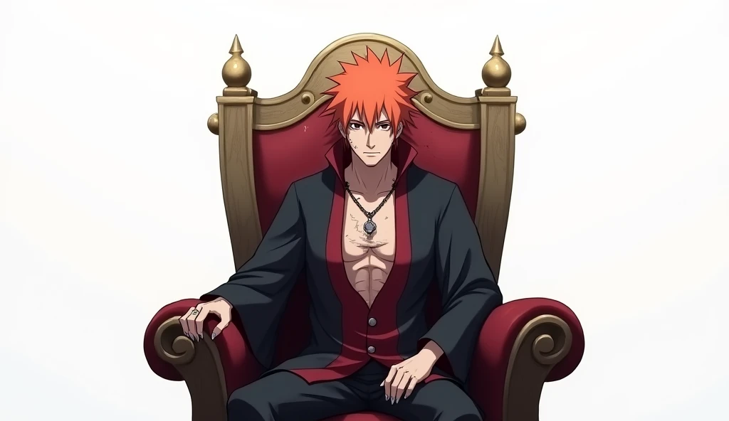 
The image I would like is of the character PAIN  (. He must have orange hair and piercings, just like in the anime Naruto), sitting on a kings throne,  but the whole place around you is completely empty and with a completely white background .  The charac...