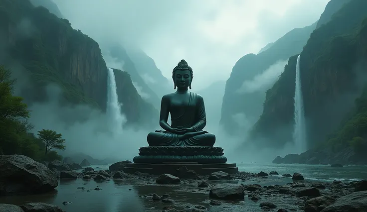 A majestic Buddha statue seated in a meditative pose amidst a dramatic, dark, and overcast setting. The lush green mountains and cascading waterfalls are shrouded in mist, with the ground and rocks appearing wet and glistening after a recent rain. The scen...