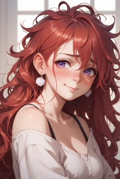 Long Hair, Red Hair, Messy Hair, Earrings, Embarrassed, Light Smile, Blush, Ear Blush, Shy, Anime Style, Digital Art, Purple Eyes, 