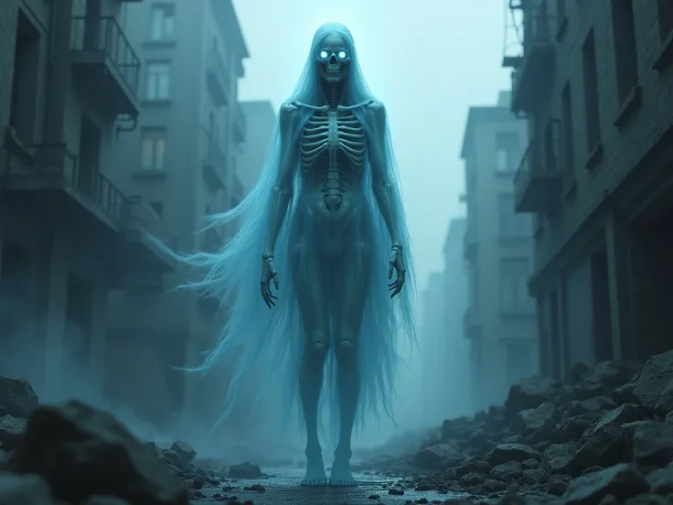 Eerie looking ghost. Skeleton visible under ghastly blue opaque blue body. Eerie white eyes. Torso ending in ghostly tail. Close up. Digital art. In a ruined city.