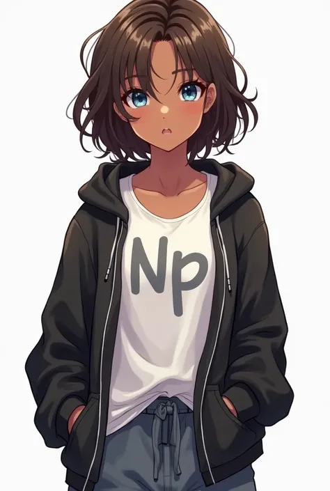 an Argentinian girl with dark brown skin ,  blue eyes and broken brown hair, teenager ,  wearing loose pants ,  anime style and a white tank top with Np . 1 silver print above this a black open-zip sweatshirt illustration/version/Happy 