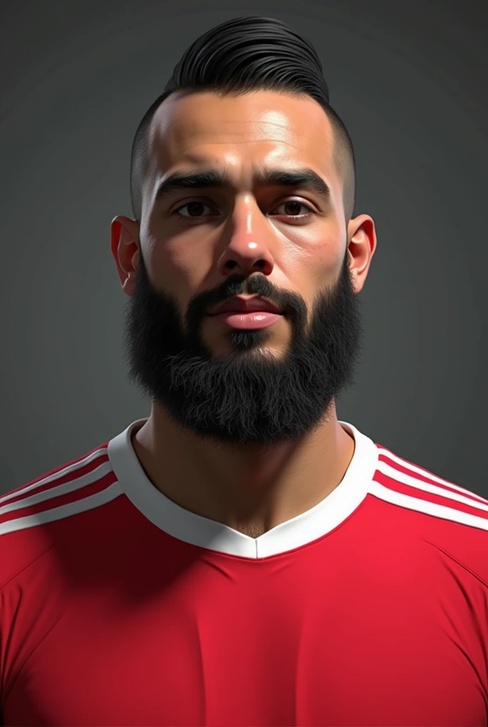  Make an ultra-realistic representation of a player. he is a man, He is around 25 years old , HE IS LATIN, short stature, strong.  he has a flat low tuft, big beard.   Hes wearing a red t-shirt with white lines on the shoulders and a white collar.