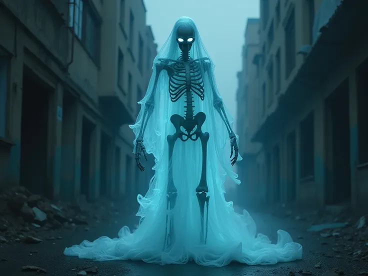 Eerie looking ghost. Skeleton visible under glowing blue opaque blue body. Eerie white eyes. Torso ending in ghostly tail. Close up. Digital art. In a ruined city.