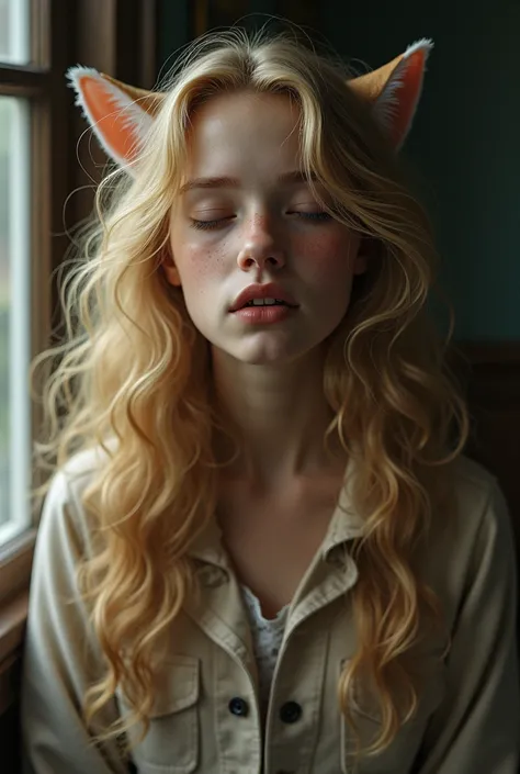  A high school girl with long blond, wavy and curly hair.. She is Belgian and has little fox ears and canines . She closes her eyes 