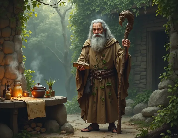  He creates the image of a wise healer in a mystical and ancient environment .  The healer is an old man with a long gray beard and gray hair ,  dressed in a brown linen tunic decorated with leaf patterns and symbols of nature .  His gaze is deep and wise ...