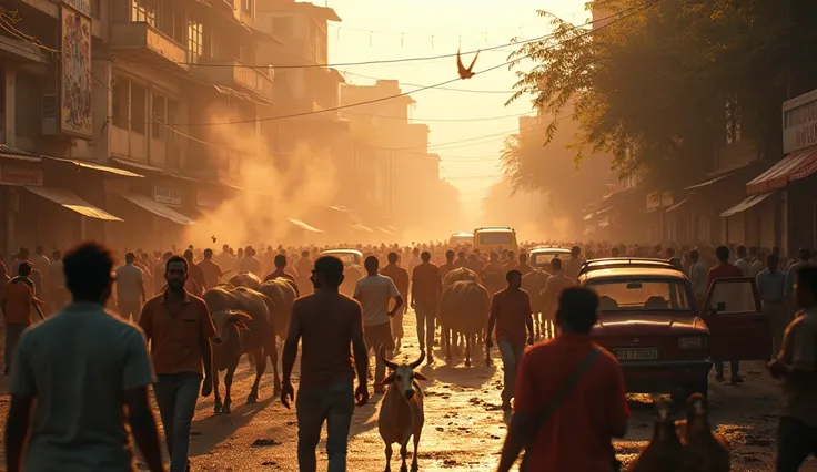 a realistic image of a city in India, With cow , Ducks and chickens on the street ,  and the people in a state of chaos , with looting at stores ,  cars being broken and demonstrations in every city, cinematic, Ultra Realistic, 4K