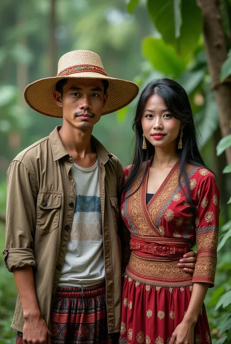  Best RAW Quality , Indonesian men (straw hat) wear a t-shirt jacket and (  beautiful woman  ) Indonesia wear tight-fitting dress hands facing the camera clear image size UHD