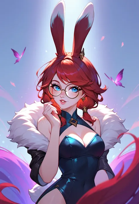 score_9, score_8_up, score_7_up, Aurora (league of legends), 1 girl, blue eyes, red hair, freckles, bunny ears, round glasses, sexy, full body, squinty eyes, earrings, long eyelashes, sexy, pretty face, very short black leather dress with low cut,