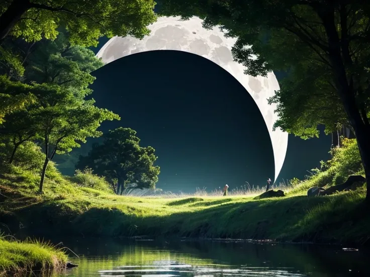 
 crescent in a quiet forest　Make the Moon Bigger 　 anime style　 scenery in the morning only　Animals on the Moon 