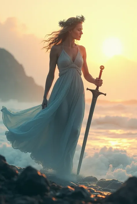 De alta calidad, 8K ultra HD,  a beautiful warrior ,  formidable body ,   with a sword and an Advent wreath  , Walk through a  .  translucent dress.  Double Exposure que combina una silueta de diosa con la costa al atardecer,   with its details incorporate...