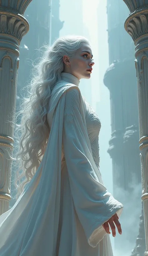 silver-haired and white-skinned goddess Skidi challenging Asgard hyper realistic illustration