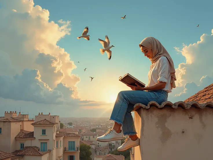 Impressionnisme, photoréalisme, hyperréalisme, jeune femme arabe assise sur le mur du toit dune maison et contemplant les oiseaux dans le ciel, vêtue dune chemise blanche colorée et un jean serré et déchiré et de chaussures en cuir blanc, lisant un livre ,...