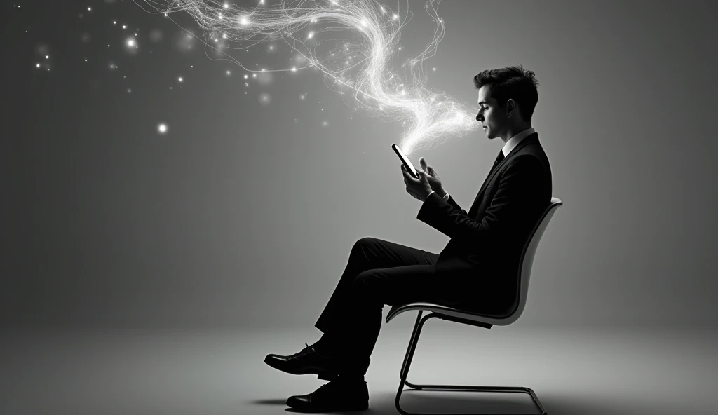 Create a surreal scene that showcases a person seated in a minimalist chair, deeply connected to a smartphone emitting waves of energy. The individual, dressed in a modern suit, appears meditative, eyes closed, absorbed in the device. Use a monochromatic c...