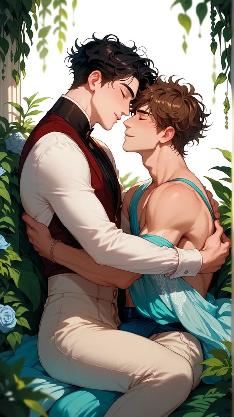 Two men. Both slender, one shorter. Messy hair, bangs. One brown hair, one black hair. Couple, embracing, cuddling. Gay, yaoi, queer. Princes, fancy clothing, fantasy background, greenery.