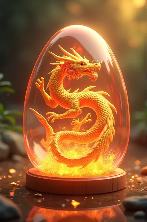 [Dragon inside a glass egg], transparent round egg-shaped glass, a golden dragon shining inside the glass, a golden background full of nature with divine light, Japanese-style animation 2D, the egg is iluminated by a red light. the dragon is breathing fire