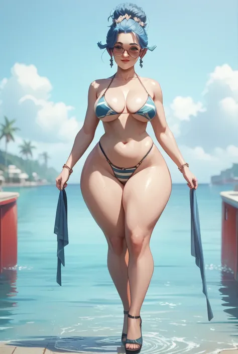 Marge Simpdon, blue hair, full body ,  wearing a bikini with big hips and big round breasts.