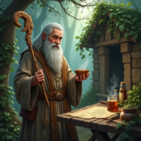 Creates the image of a wise healer in a mystical and ancient setting. The healer is an older man with a long grayish beard and graying hair, dressed in a brown linen robe decorated with leaf patterns and symbols of nature. His gaze is deep and wise, reflec...