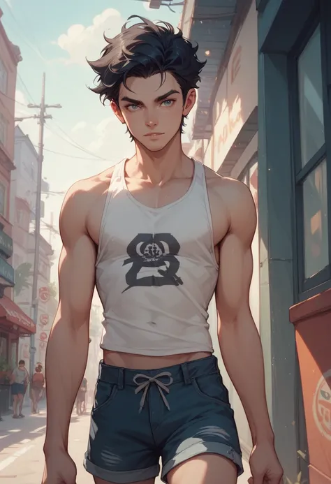 Anime guy long black hair in tank top and shorts
