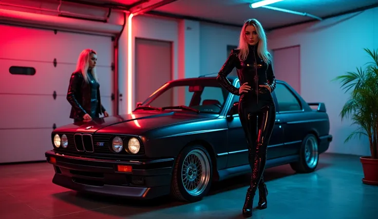 realistic photo , 2 fetish woman standing , wearing shinny pvc jumpsuit , shinny pvc jacket , wearing shinny pvc thigh high boots , shinny pvc long gloves , in garage with bmw m3 e30 , inlighted by neons