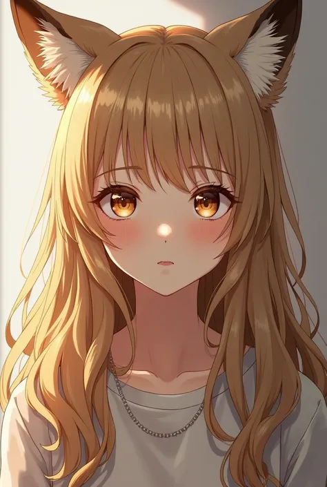  A blind high school girl with wavy and presumed curly blond hair.  Without bangs .  She has little fox ears .  In a realistic style .  She has almond eyes , And stretch  