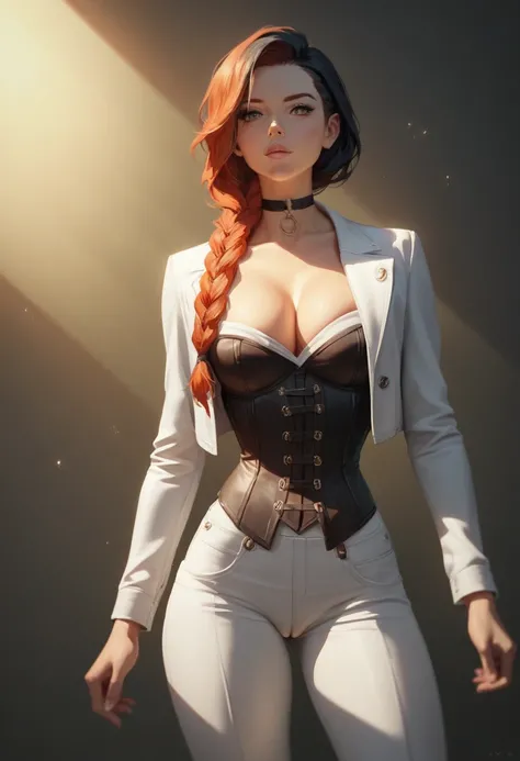 NSFW,One girl, Portrait of a beautiful donkey pex, Athletic ability, White jacket, corset, skirt, pants, Black Hair, Redhead, Braid, compensate, choker, Cleavage, Wide Hips, Volumetric lighting, Highest quality, masterpiece, Intricate details, Tone Mapping...