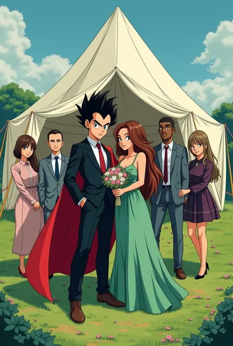  A young Jewish Saiyan with brown hair without a beard wearing an all-black suit,   black dress shirt with red tie and a black kipá  ,  wearing a red cape and their fiancée  ,   one with long brown hair and a green dress  ,  And a couple of and their frien...