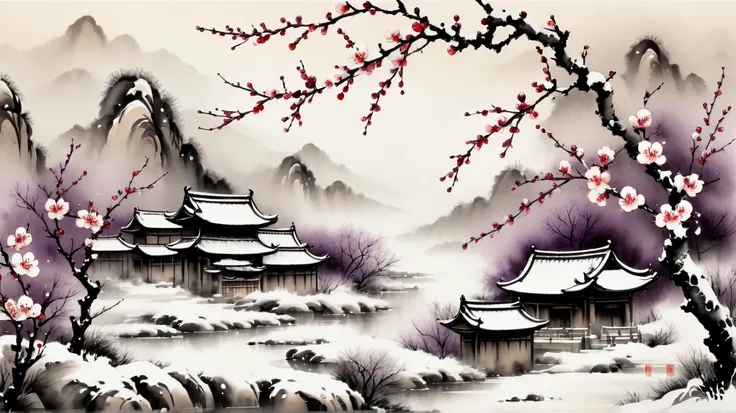 winter wonderloned，(Close-up of plum blossoms:1.5)，Honefu womone，Yuki，patio，desolate, Desolate, ，Black oned white tones， lots of white space，Chinese traditional ink painting, Ink painting oned watercolor，drawing on rice  ，Use thick oned light inks to creat...