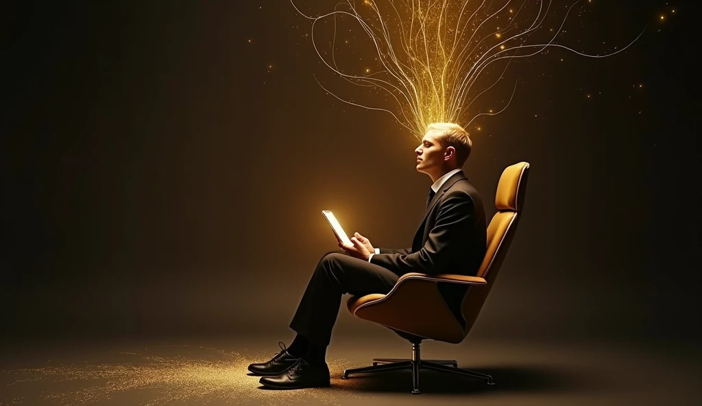 Create a surreal scene that showcases a person seated in a minimalist chair, deeply connected to a smartphone emitting waves of energy. The individual, dressed in a modern suit, appears meditative, eyes closed, absorbed in the device. Use golden and shimer...