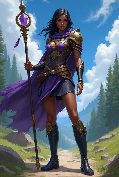 In RPG style, in style of Dungeons & Dragons, in style of fantasy painting. Full body view, looking at the viewer. Image of a female mage holding metal quarterstaff with small purple crystal on top. Dark skin. Tight  purple gold cloth armor with dark cape,...