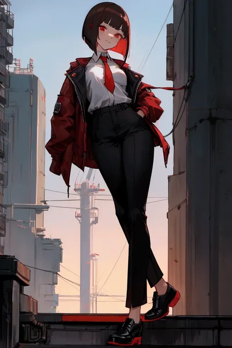 Very Tall Anime adult Girl in a cyberpunk background rooftop in the night with a subtle smile, red eyes, brownish trimmed bob cut hair, red jacket, white shirt and a poorly fastened red tie, black pants and black shoes with a white pattern, hands in her pa...