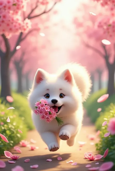 Cherry blossoms in full bloom　A cute white Samoyed dog is running holding a bouquet of flowers