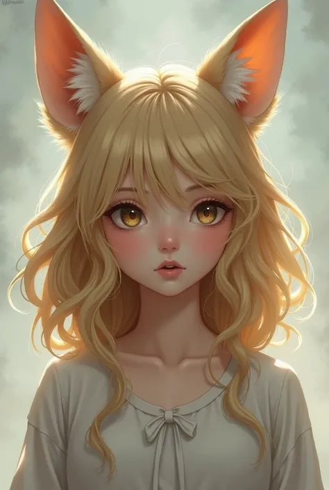 A realistic portrait of a blind blonde high school girl with wavy hair and little fox ears