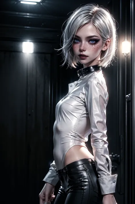 lora_Emma, perfecteyes eyes, tutultb, front view shot, a girl with silver hair, very short pixie hairstyle, blue eyes, freckles, (long sleeved buttoned white silk shirt), (low rise black leather pants), thin black leather collar, detailed facial features, ...