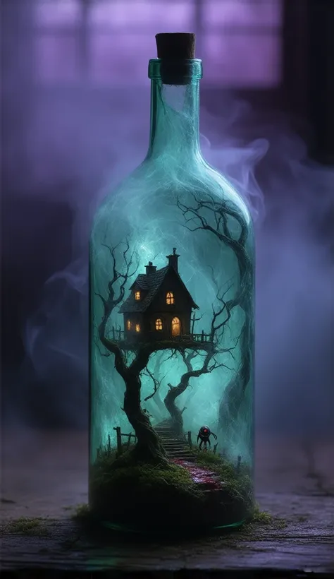 "A dark and foggy fantasy miniature village trapped inside a large, closed glass bottle. Inside the bottle, a sinister and decayed wooden house stands prominently, surrounded by eerie dry trees and dense swirling fog. A small, furious, and cute monster wit...