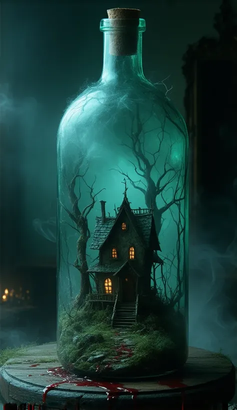 "A dark and foggy fantasy miniature village trapped inside a large, closed glass bottle. Inside the bottle, a sinister and decayed wooden house stands prominently, surrounded by eerie dry trees and dense swirling fog. A small, furious, and cute monster wit...