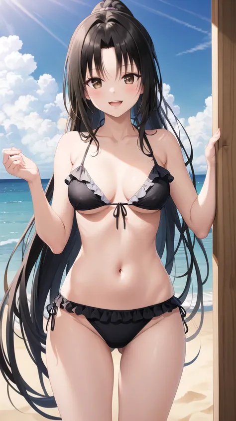 masterpiece, best quality, highres, 1girl, solo, long hair, black hair, ponytail, parted bangs, brown eyes, frilled bikini, beach, standing, smile, open mouth,