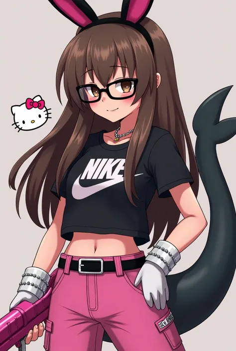   With long brown hair with caramel lights with fringe and rectangular glasses with black rabbit ears with a pink Helo Kitty necklace with a black Nike shirt and pink Hello Kitty pants with white hand gaiters and a large black shark tail with chains and a ...