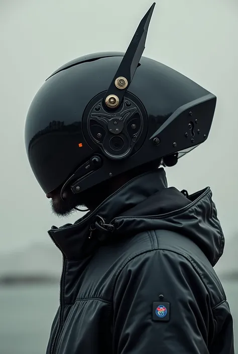 arafed man wearing a black jacket and a black helmet with a pair of scissors on his head, cyberpunk art inspired by Zoltan Boros, reddit, afrofuturism, has cyberpunk style, cyberpunk headpiece, cyberpunk helmet, futuristic techwear, cyberpunk techwear, cyb...