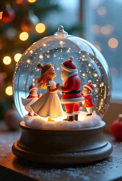 Create an image of a Christmas snow sphere and inside it contains figures made of wax which are lit 