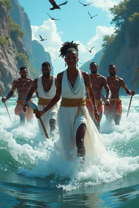 "A captivating scene unfolds as the group of seven adventurers bravely crosses a raging river, their bond and trust in each other palpable. Osunbumi, resolute and steadfast, expertly steadies her companions, her radiant white attire a beacon of hope amidst...