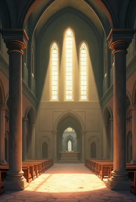 The indoor of an empty monastery, realistic shot, anime style