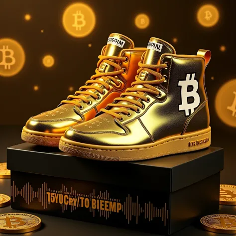 A pair of vibrant gold high-top sneakers with a glossy metallic finish, featuring a bold white Bitcoin logo on the outer side panels. The shoes include an American flag emblem near the top of the tongue, and the words "TRUMP CRYPTO PRESIDENT" printed in sl...