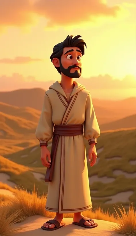 Create a vibrant 3D animated scene in the style of a ren’s animated movie. The scene features a man named Jonas, in his 30s with short, wavy black hair, brown eyes, and a thoughtful expression. He is wearing simple beige robes typical of biblical times, wi...