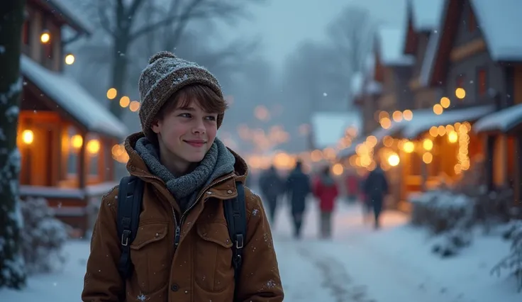  Elías, an 18-year-old brown-haired boy returns to the village on a snowy path ,  with a serene smile on her face .  The soft light of the illuminated houses reflects his face ,  showing their inner satisfaction . in the distance, in the town square,  you ...